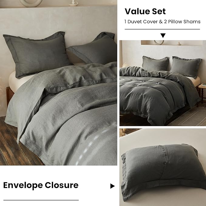 Simple&Opulence 100% Linen Duvet Cover Set with Crossed Embroidery Washed - 3 Pieces (1 Duvet Cover with 2 Pillow Shams) Soft Breathable Farmhouse -Cushing Green, King Size