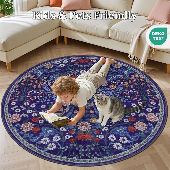 PLHXFR Round Area Rug Living Room: 6 ft Floral Washable Soft Carpet Blue | For Bedroom Dining Room Farmhouse Nursery Hallway,Vintage Floral,Machine washable,Non Slip,Stain Resistant,Large Indoor