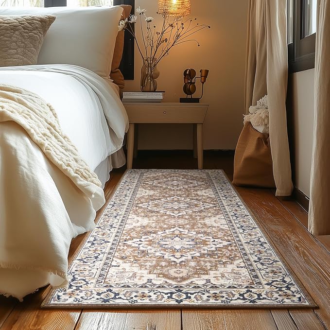 Runner Rug 2.6 x 8 for Hallway, Washable Entryway Rugs Brown Beige | Boho Faux Wool Low Pile Long Rug for Kitchen Bedroom, Floral Medallion Vintage Carpets with Non-Slip Rubber, Kid Pet Friendly