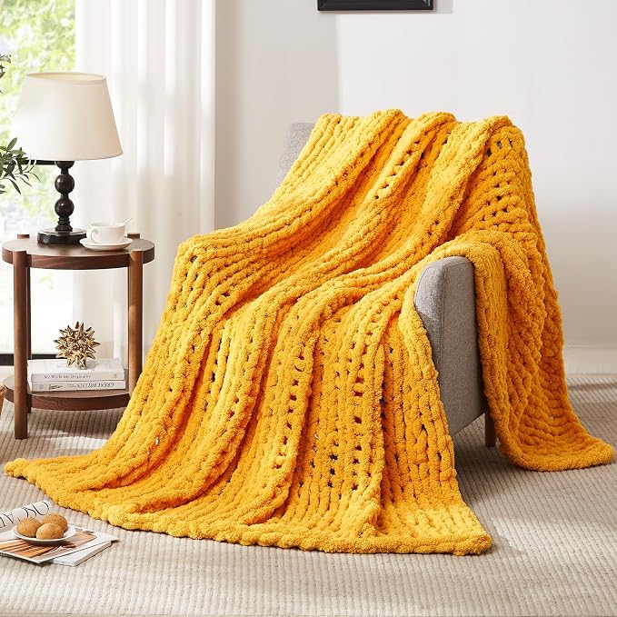 L'AGRATY Chunky Knit Throw Blanket for Couch, 50 x 60 Inches Mustard Yellow | Handmade Chenille Crochet Blanket for Sofa Bed, Thick Cable Knitted Blankets for Room Home Decor, Birthday Gift for Women Mom