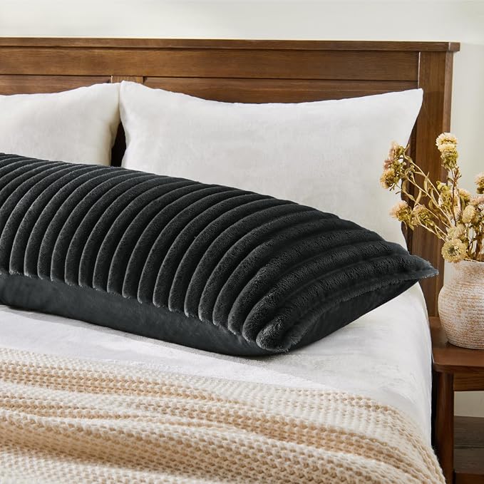 BEDELITE Fluffy Striped Body Pillow Cover with Zipper, Black, 20x54 | Ultra-soft Faux Fur with 4D Striped Texture, Comfy, Plush, and Cloud-like, Body Pillow Pillowcase for Bed Couch Room Decor