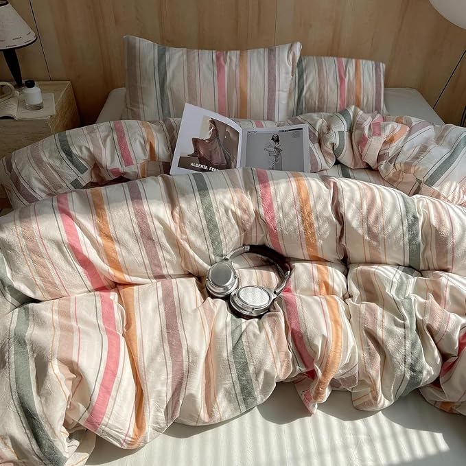 LifeTB Retro Striped Comforter Set Twin XL, Fluffy Soft Multicolor Stripes Pattern Printed Bedding Set, 3 Piece Striped Bed Comforter with 2 Pillowcases, Lightweight Farmhouse Bedding Comforter Set