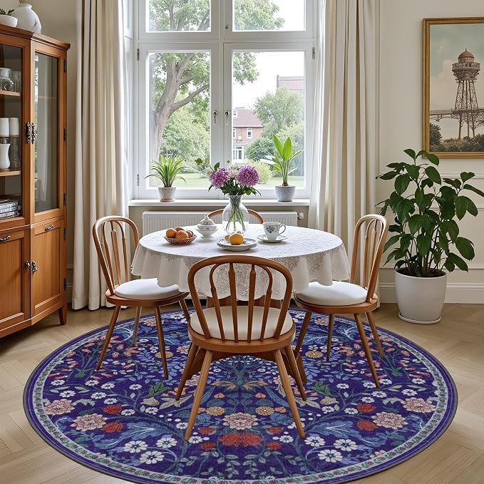 PLHXFR Round Area Rug Living Room: 6 ft Floral Washable Soft Carpet Blue | For Bedroom Dining Room Farmhouse Nursery Hallway,Vintage Floral,Machine washable,Non Slip,Stain Resistant,Large Indoor