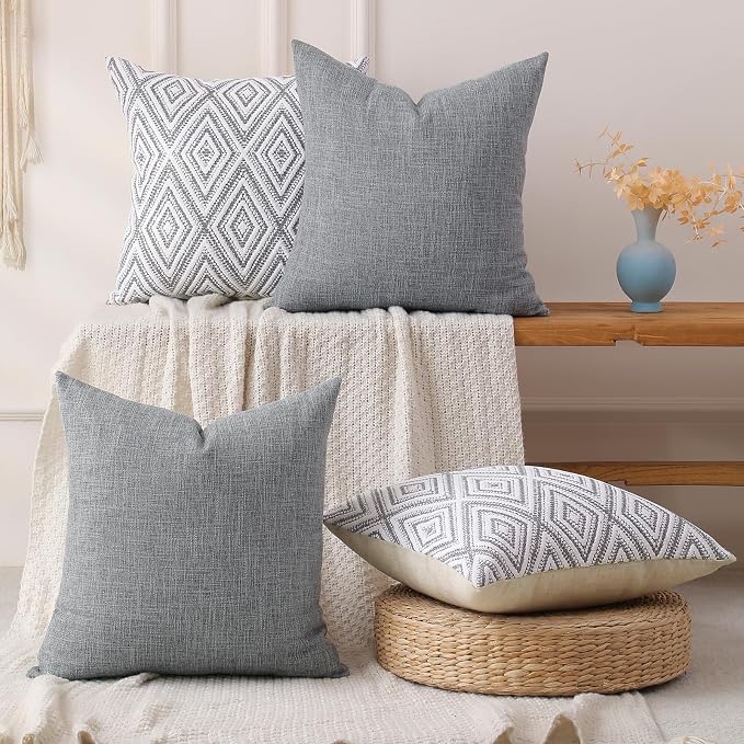 HPUK Throw Pillow Covers 20x20, Set of 4, Grey Textured Couch Pillow Covers | Polyester fabric, patterned and solid designs, hidden zippers, machine washable, for sofas and beds, inserts not included