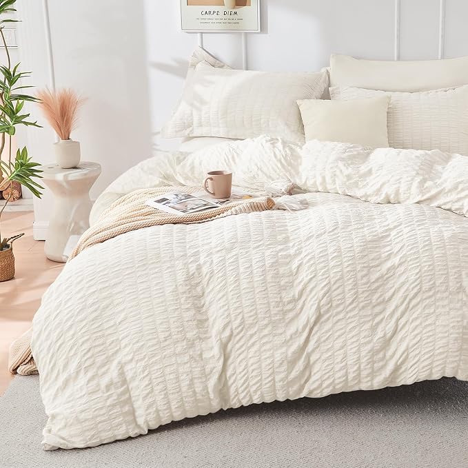 HYMOKEGE Ivory King Size Comforter Set Seersucker 7 Pieces, All Season Luxury Bed in a Bag for Bedroom, Bedding Set with Comforters, Sheets, Pillowcases & Shams