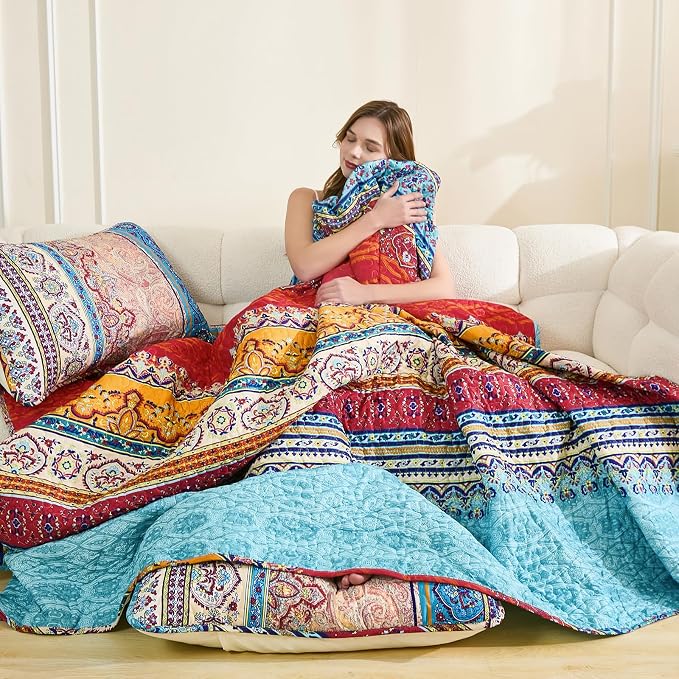 WONGS BEDDING Boho Quilt Calking Size,3 Pcs Bedding Set,Blue Beige | Colorful Bohemian Striped Printed Bedspread for All Season, Lightweight Microfiber Coverlet Set with 2 Pillowcases (106"x96")