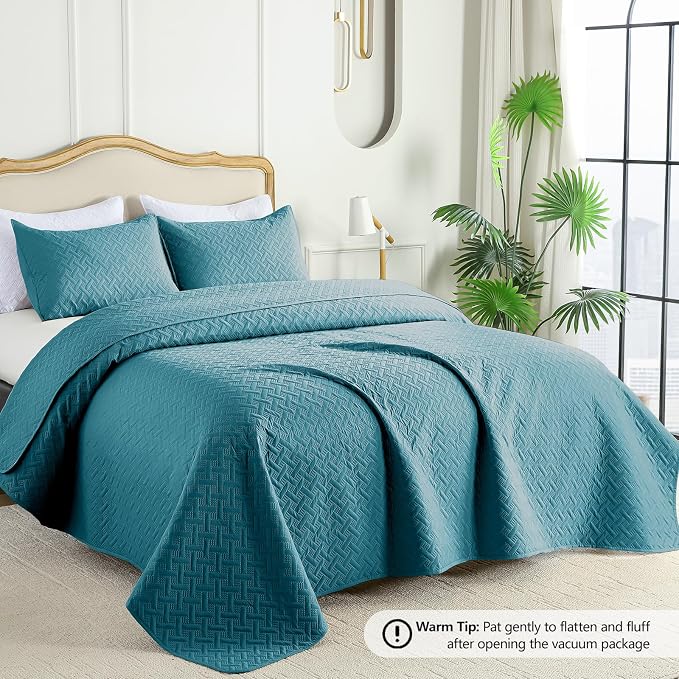 FLYMME Quilts Queen Size,Lightweight Teal Bedspreads,Basket Weave Pattern,Ultra Soft Microfiber Bed Coverlet 3 Pieces for All-Seasons (1 Quilt,2 Shams)