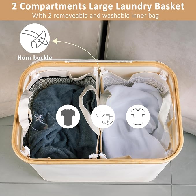 IEGrow Laundry Hamper with Lid,150L Laundry Basket with 2 Mesh Bags,Beige | Dirty Clothes Hamper Basket with Bamboo Handle for Clothes Towels
