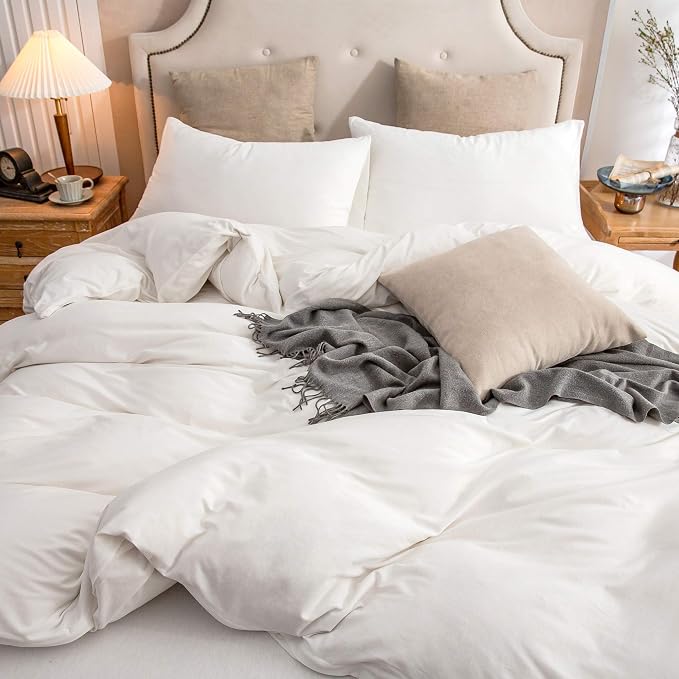 PURE ERA Jersey Knit Sheet Set Solid Off White Twin | 100% Cotton, 3 Piece Set, T Shirt Soft, Breathable, Envelope Closure Pillowcases, Hidden Zipper, 8 Ties, No Insert, Modern