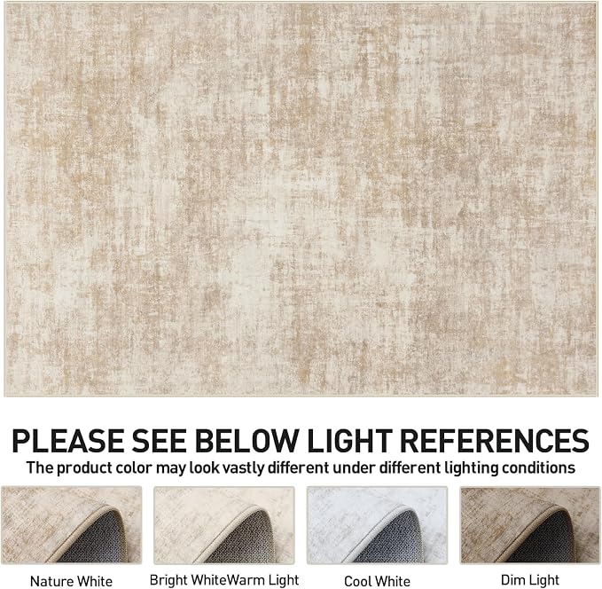 4x6 Area Rugs for Living Room: Washable Abstract Beige Badroom Carpet | Non-slip TPE backing makes this washable soft low-pile rug safe & durable, Pet-friendly decor for dining room,nursery,office
