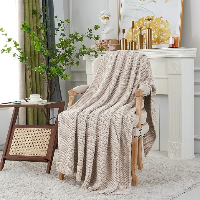 Chunky Cable Knit Throw Blanket Lightweight Beige 100% Organic Cotton Blanket for Sofa Couch Bed Baby Nursery, Rustic Shabby Chic Modern Farmhouse, 51” x 63” Give Laundering Bag