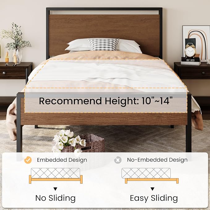 SHA CERLIN 14 Inch Twin Size Metal Platform Bed Frame with Wooden Headboard and Footboard, Mattress Foundation, No Box Spring Needed, Large Under Bed Storage, Heavy Duty Slats Support, Walnut