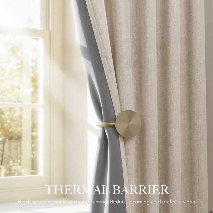 RYB HOME 100% Blackout Linen Textured Curtains 96 Inch Long for Dining Room | Thermal Insulating Privacy, Energy Saving, Window Theater, For Bedroom Living Room Office Nursery, Linen, W52 x L96, 2 Panels