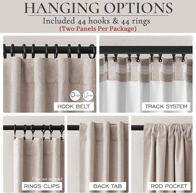 Extra Wide 60 Inch Blackout Curtains 96 Inches Long for Living Room, Rustic Boho Room Darkening Textured Linen Pleated Office Insulated Ceiling Track Large Window Drapes (60"W x 96"L 2 Panels Linen)