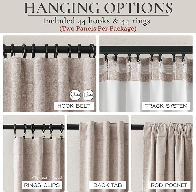 Extra Wide 70 Inch Blackout Curtains 96 Inches Long for Living Room, Rustic Boho Room Darkening Textured Linen Pleated Dining Room Insulated Ceiling Track Window Drapes 70"W x 96"L 2 Panels