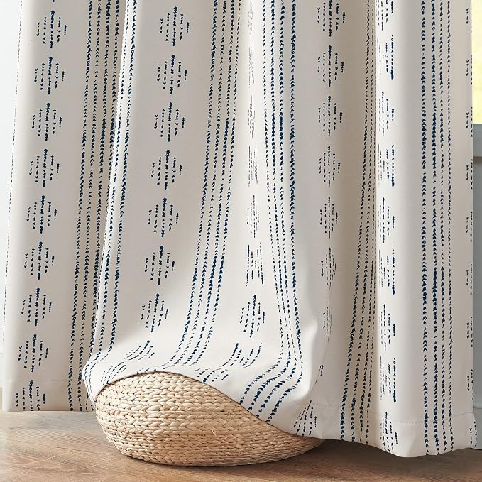 jinchan Boho Blackout Curtains 72 Inches Long for Bedroom Living Room | Blue on Beige Geometric Printed Grommet Curtains Room Darkening Thermal Insulated Window Treatments 2 Panels