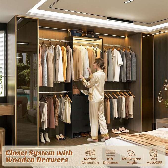 Aheaplus Closet System with Motion-Sensing Light, 3 Wooden Drawers and 4 Hanging Rods, Customizable Walk-in Closet Organizer with 3CCT LED, Heavy Duty Garment Rack for Bedroom,Black