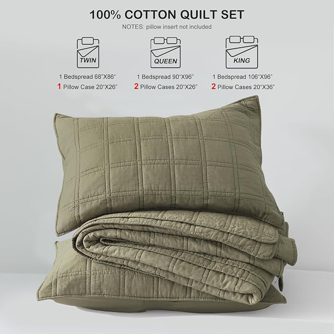 HORIMOTE HOME 100% Cotton Quilt Twin Size Olive Green Bedspread, Pre-Washed 2PCS Cozy Lightweight Stitching Decorative Bedding Cover Coverlet Set with 1 Sham in Geometric Pattern for All Season