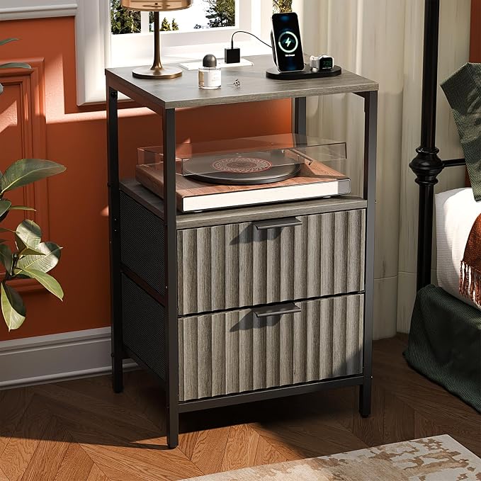 VINGLI Grey Night Stand with Charging Station and Fabric Drawers, Fluted Nightstand Gray with Drawers, Grey Bedside Table/End Table for Bedroom, 14.96" W*11.81" D*23.78" H