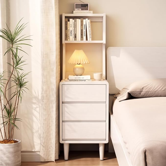 Solid Wood Bookshelf Nightstand Combo, Tall Nightstand with Bookshelf | White Nightstand Bookshelf,Narrow Nightstand with Drawers,Open Shelf Bookcase,for Bedroom,Living Room,Offices