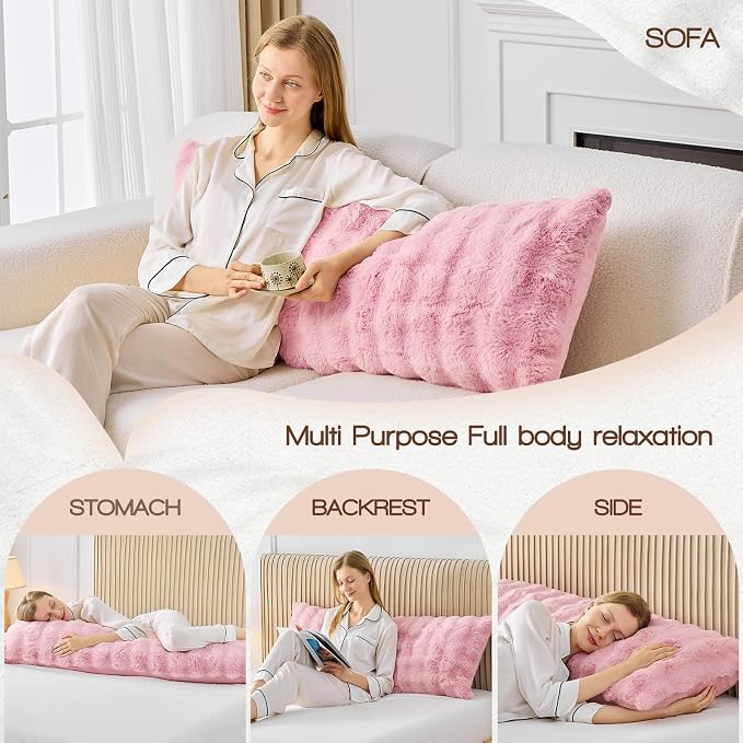 YZ HOME Faux Fur Fluffy Body Pillow for Adults, Soft Support | Firm Body Pillow, Adjustable Support for Side Sleeping, Pregnant Women, Washable cover,Gifts, 20x54 Inch (Pink)