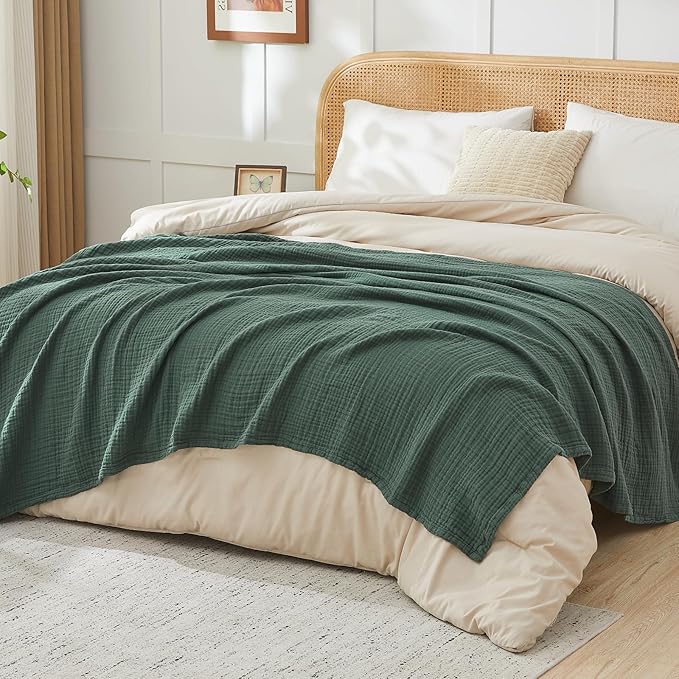 EMME Muslin Blankets for Adults Throw Blanket for Couch Breathable Gauze Soft Lightweight Airy Forest Green Throw XL 50" x 71"