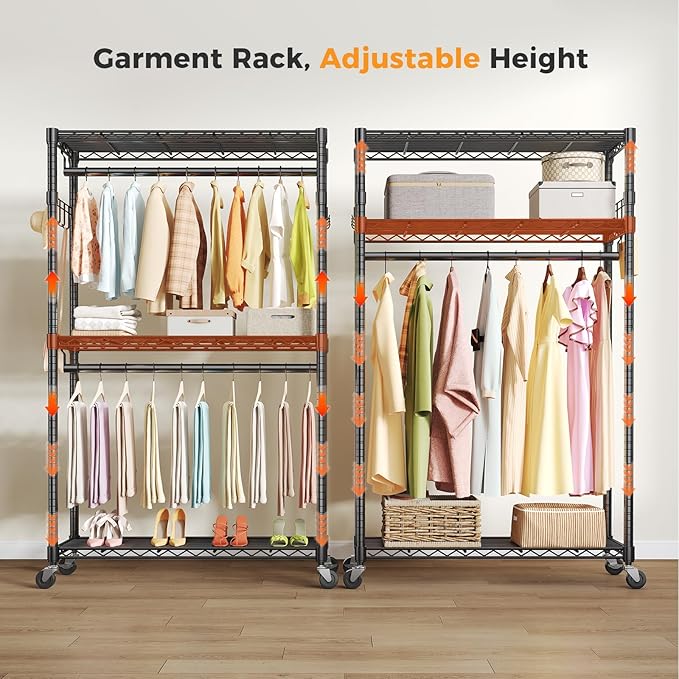 OLIXIS Rolling Clothes Rack, Heavy Duty Garment Rack, 47 IN, Metal Black | Adjustable Closet Organizer for Hanging Clothes, Portable Closet with 2 Side Hooks