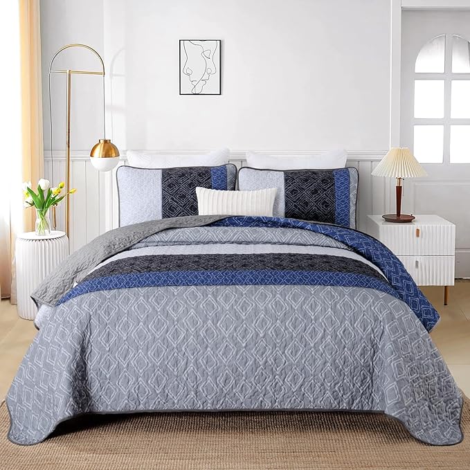 Cottolester Quilts Queen Size,3 Pieces Boho Gray Blue Striped Bedspread Set | Farmhouse Patchwork Bedspreads Covrtlet Set for Men Women,Soft Microfiber Lightweight Quilt Bedding Set Set for All Season