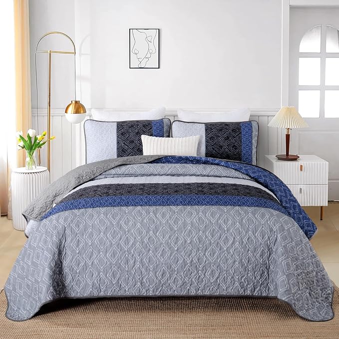 Cottolester Boho Quilt Set King Size,3 Pcs Gray Blue Striped Bedspread Set | Soft Microfiber Lightweight Bedspreads Covrtlet Set for Men Women,Patchwork Quilt Bedding Sets for All Seasons 110"x96"