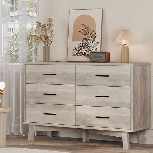 Xixini Dresser for Bedroom, 6 Drawer Wide Modern Chest of Drawers with X-Shaped Sturdy Base, Wood Double Dresser Closet Clothes Storage Organizer, Wooden TV Stand for Living Room, Hallway, Grey