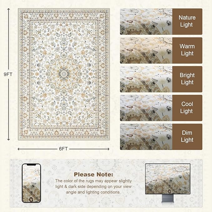 6x9 Area Rugs Living Room: Washable Vintage Rug for Bedroom Beige | Boho No Slip Stain Resistant Rug Soft Indoor Decor Floor Floral 6x9 Area Rugs for Dining Room, Nursery, Hallway, Home Office