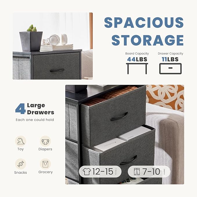 DUMOS Nightstand, Bedside Table with 4 Fabric Drawers | Night Stand with Removable Bins, Steel Frame Wood Top, Small Dresser for Bedroom Closet