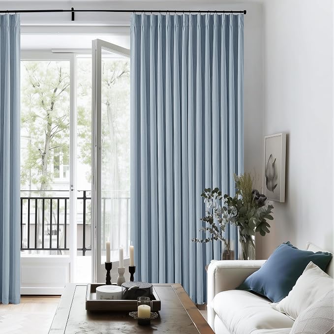 Dusty Blue Pinch Pleat 100% Blackout Linen Bedroom Curtains 96 Inch Length | Double Layer Pleat Curtains with Ring Hooks Back Tab, Black Out Room Darkening Drapes, for Living Room Bedroom, Light Blue