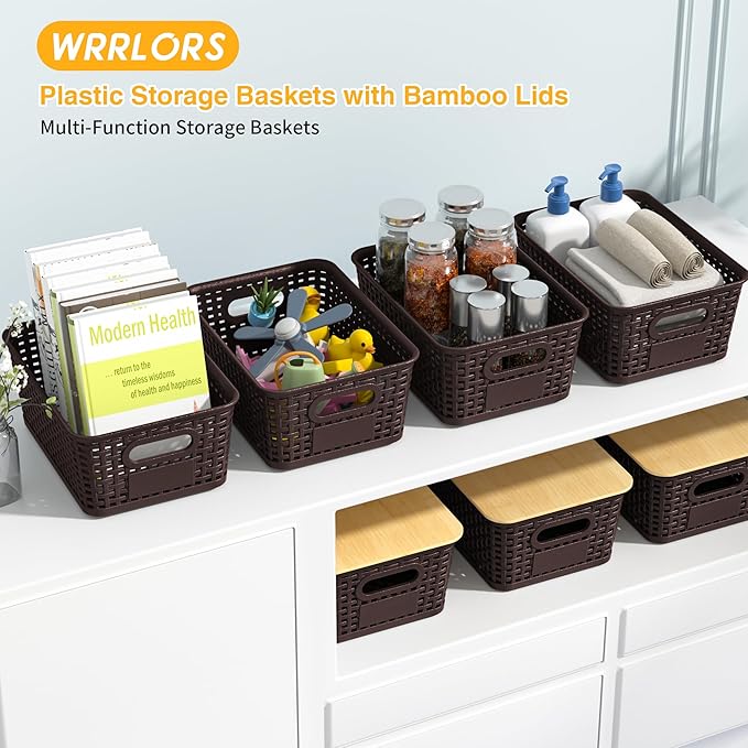 6 Pack Plastic Storage Baskets,Brown bamboo lid storage Box | Labels, Stackable, For Organizing Shelves Pantry Drawers Desktop Closets Organizing Desktop Closet Playroom Classroom