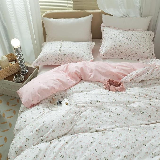 mixinni Garden Style White Floral Duvet Cover King Size 3 Pieces Set Flower Leaf Pattern Printed Soft Cotton Comforter Cover with 2 Pillowcases-King Size