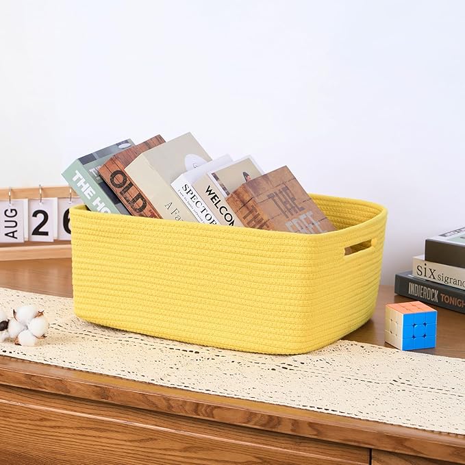 MiniArk Large Storage Baskets for Organizing, 17 x 13 x 7.5” Closet Shelf Baskets for Clothes Blanket Towels, Baby Nursery, Toy Bins Box, Woven Rope Baskets, 4 Packs Yellow