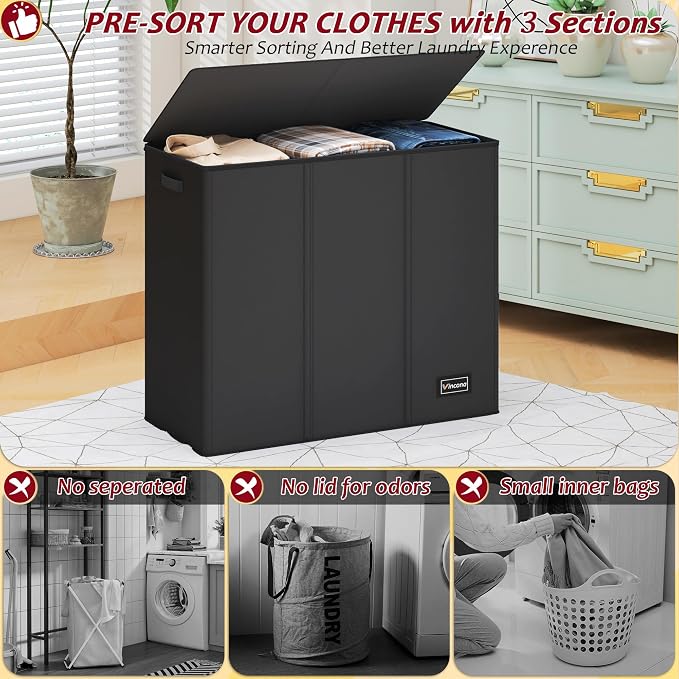 220L Laundry Hamper 3 Section,Large Laundry Hamper with Lid,Dirty Clothes Hamper with 3 Inner Bags,Collapsible Laundry Basket Organizer for Laundry Room,Bedroom,Laundry Sorter Hamper 3 Compartment