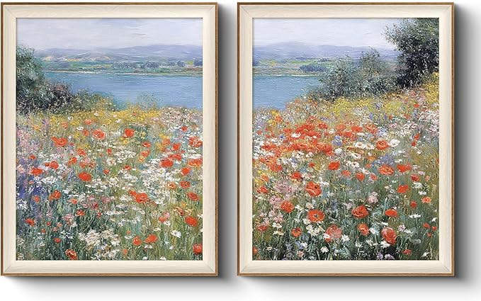 VIYYIEA Framed Coastal Wildflower Large Wall Art Set of 2, Impressionist Poppies Landscape Canvas Painting, Vintage Nature Scenic Wall Decor for Living Room Bedroom Office, 16x20 Inch