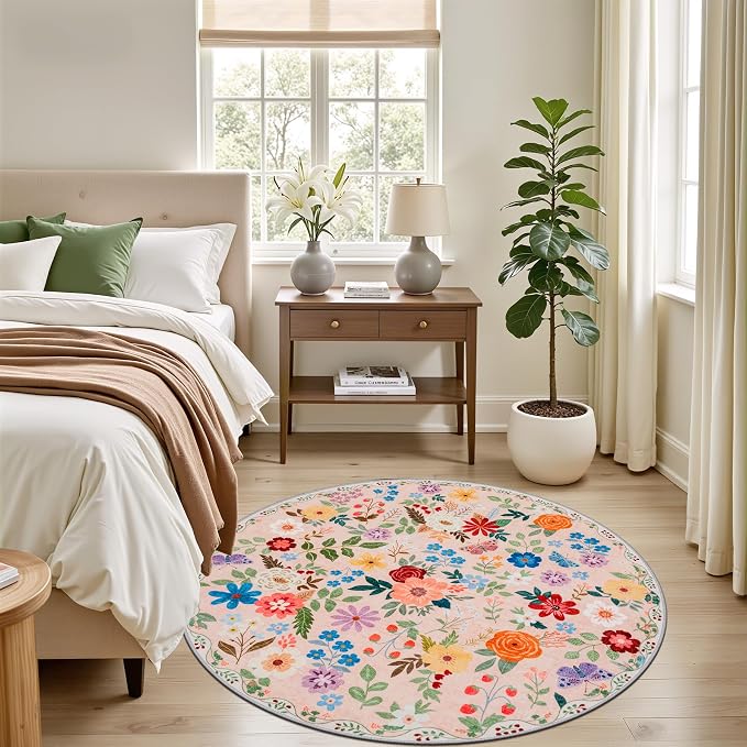 PLHXFR Round Area Rug Living Room: 4 ft Floral Washable Soft Carpet Beige | For Bedroom Dining Room Farmhouse Nursery Hallway,Vintage Floral,Machine washable,Non Slip,Stain Resistant,Large Indoor