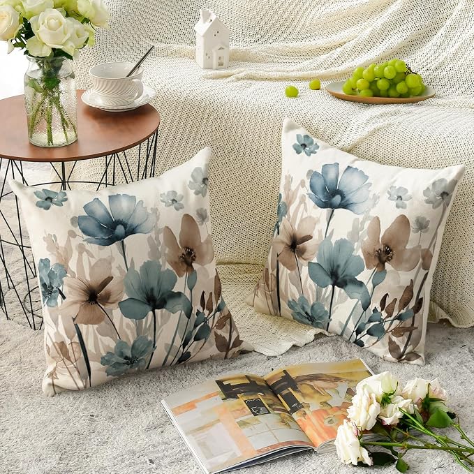 AVOIN colorlife Poppy Flowers Blue Brown Pillow Covers 18x18 Inch Set of 2 | Chinoiserie Seasonal Fall Leaves Cushion Case Decoration for Sofa Couch