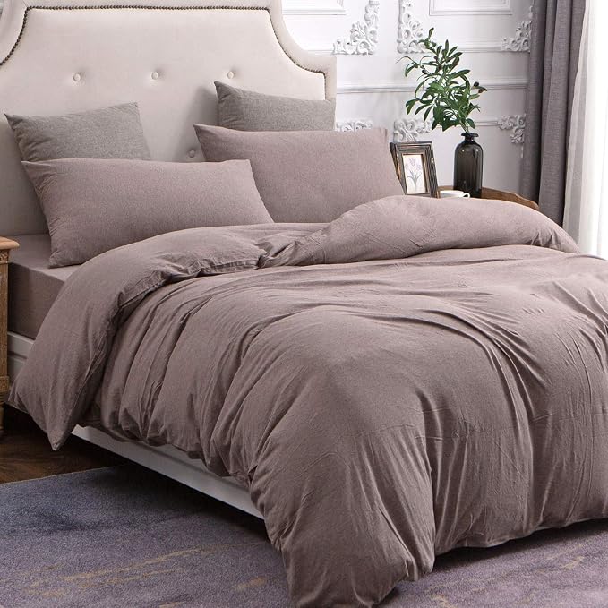 PURE ERA Jersey Knit Sheet Set Heather Brown Queen | 100% Cotton, 3 Piece Set, T Shirt Soft, Breathable, Envelope Closure Pillowcases, Hidden Zipper, 8 Ties, No Insert, Modern