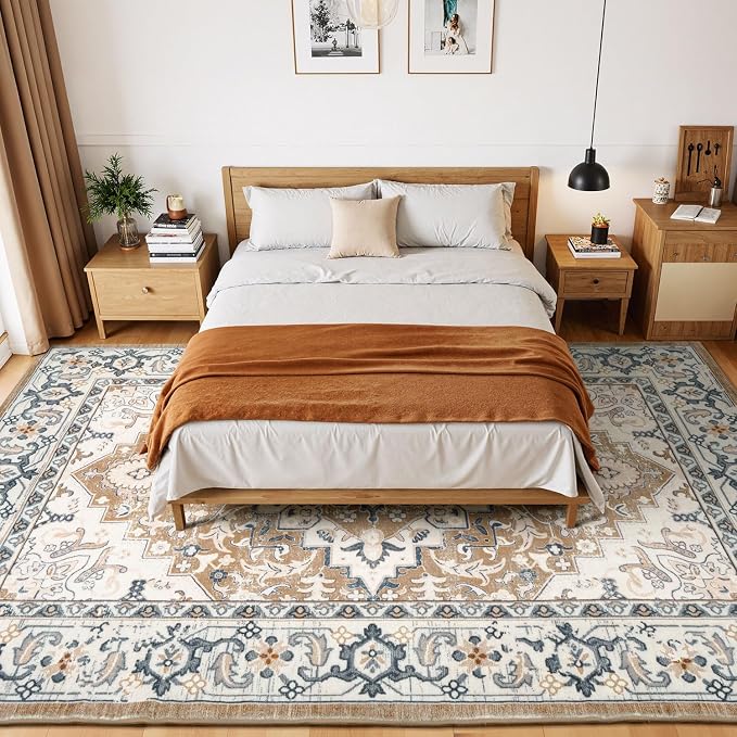 Large Area Rugs 10x14 for Living Room,Washable Rug Boho Brown Beige | Faux Wool Low Pile Area Rug for Bedroom, Floral Medallion Vintage Carpet Non-Slip, Kid & Pet Friendly, All Vacuums Compatible