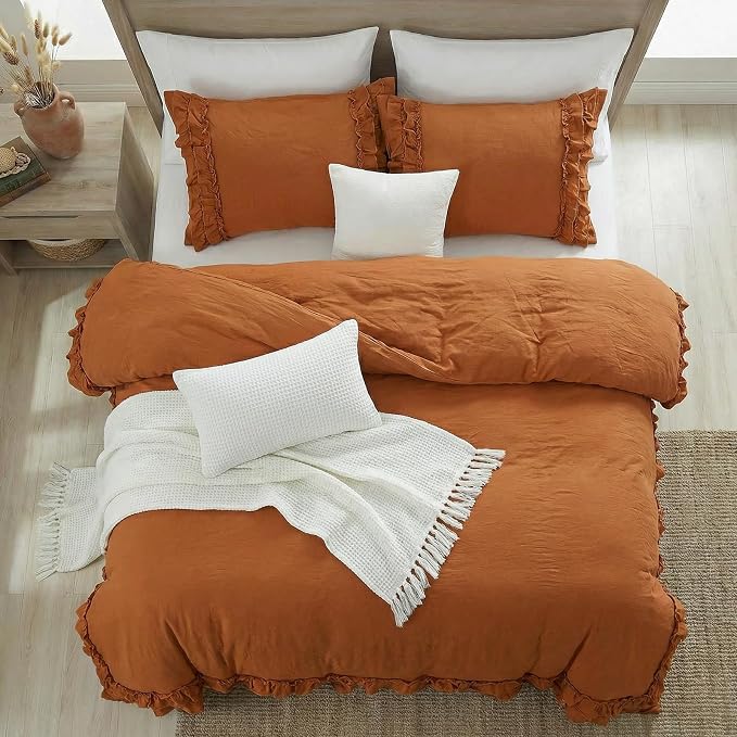 Bedorm Ruffled Queen Duvet Cover Burnt Orange Bedding Set Rust Lace Ruffle Boho Chic Bedroom Decor Super Soft Breathable Pumpkin Duvet Cover Set French Country Style
