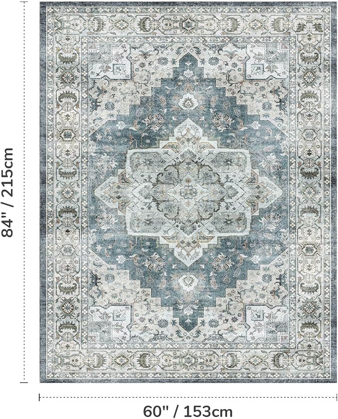 Washable Area Rugs 5 x 7 for Living Room Bedroom,Blue Grey/Beige | Soft Non Slip Backing,Durable Stain Resistant,Compatible with All Vacuums,Kid & Pet Friendly,for Dining Room Home Office