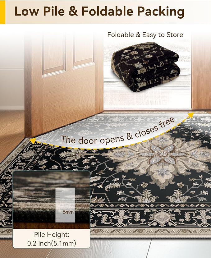 RELEANY Washable Area Rug, 7'x10', Black/Neutral | Non-Slip, Water Repellent, Pet Friendly, Easy to Clean, Vintage Floral Boho Decor for Living Room Bedroom Dining Room Office