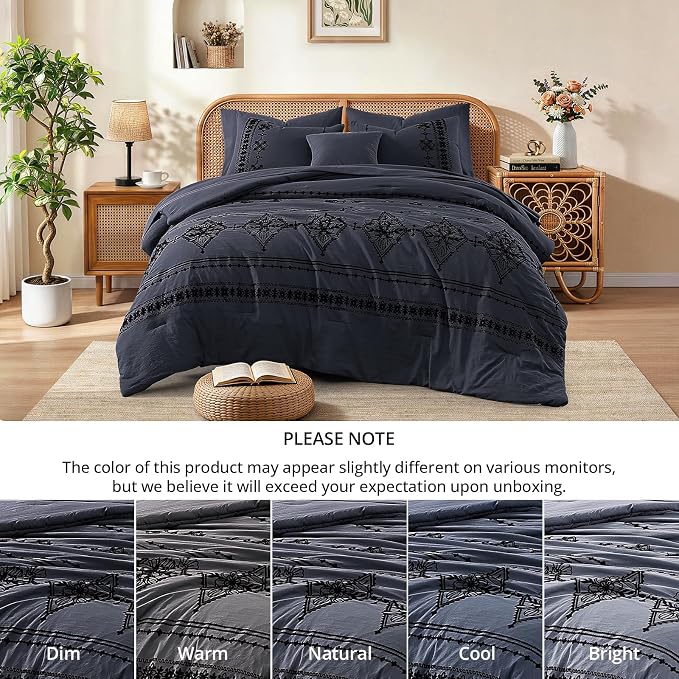 MaiRêve Full Size Comforter Set Embroidery Floral 7 Pieces Bed in a Bag | Crown Blue Boho Farmhouse Bedding Sets with Comforter, Sheets, Pillowcases & Shams