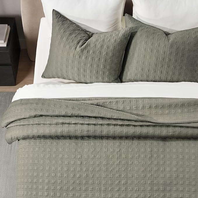 EVERGRACEHOME Cotton Sateen Windowpane Quilt Set King Size, Stone Sage | 100% Cotton, Pre-Washed Soft Coverlet Bedspread, 3-Piece Lightweight Bedding Set for All Season, with 2 Pillow Shams