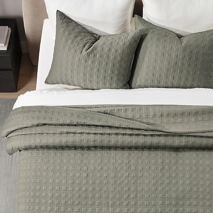 EVERGRACEHOME Cotton Sateen Windowpane Quilt Set Queen Size, Stone Sage | 100% Cotton, Pre-Washed Soft Coverlet Bedspread, 3-Piece Lightweight Bedding Set for All Season, with 2 Pillow Shams