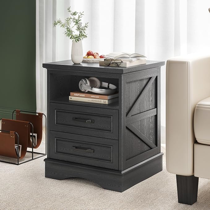 Fluest 24" Tall Farmhouse Nightstand, Night Stand with Fast Charging Station, Beside Tables with Drawers and Open Storage, Rustic End Tables for Bedroom, Antique Black