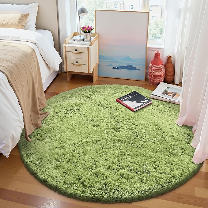 OLANLY Grass Green Round Rugs for Bedroom - Machine Washable, 6 ft Circle Area Rugs for Living Room, Soft and Fluffy Shaggy Carpet for Teen Girls and Boys, Nursery Rooms, Dorms, Home Decor Aesthetic